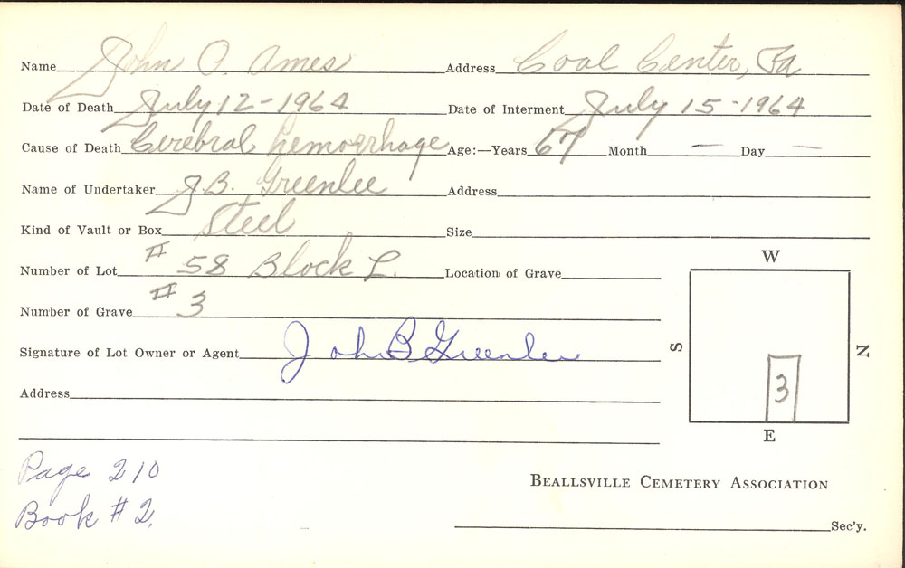John Oscar Ames burial card